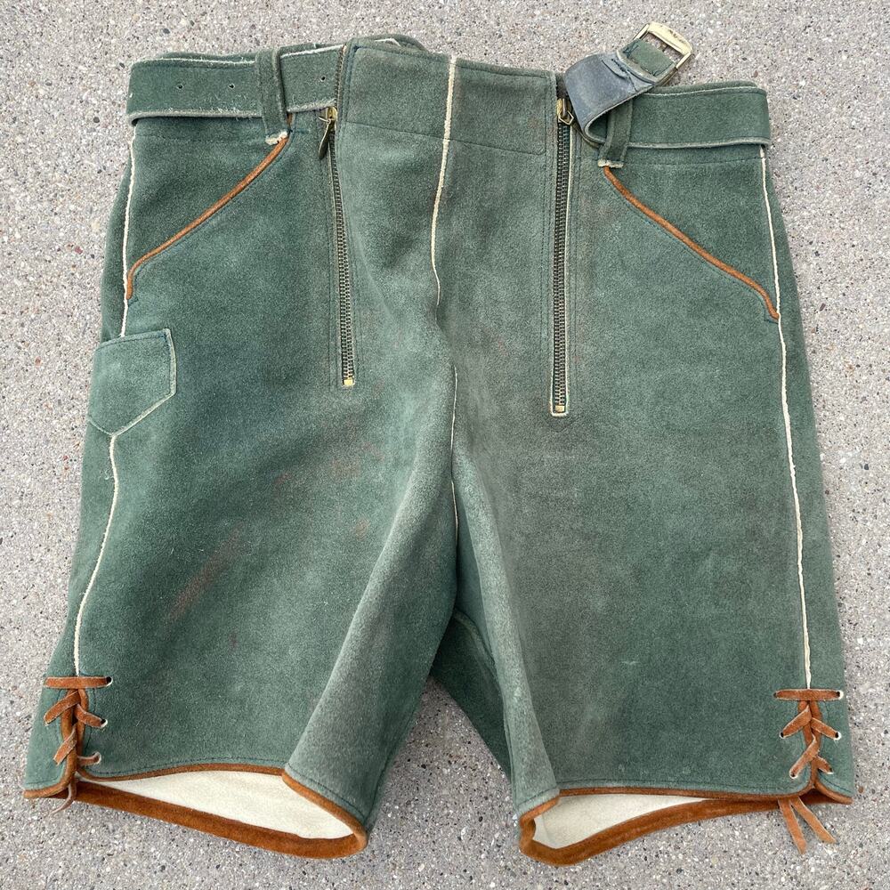 Vintage Authentic German Lederhosen Green Suede Bavarian Jager Oktoberfest 28W